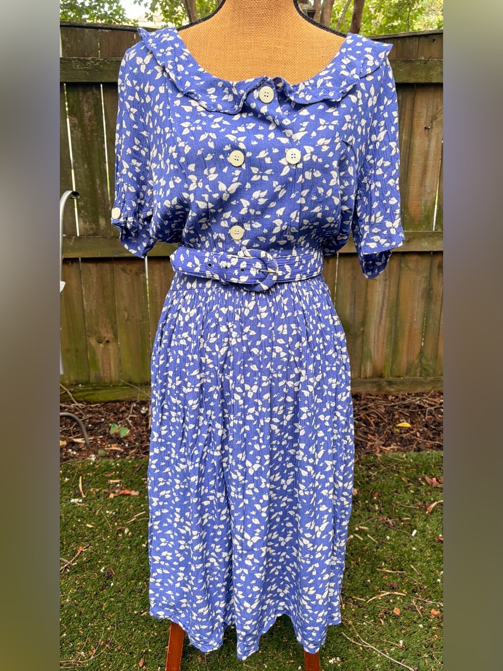 Vintage Eileen West Blue Floral Prairie Dress Belted Pleated Midi USA - Picture 2 of 12